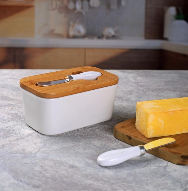 Bamboo Cutlery - Bambu Kapaklı Basit Seramik Tereyağı Tabağı
